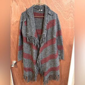 Moth for Anthropologie Grey & Red Stripe Fringe Duster Cardigan Size XS